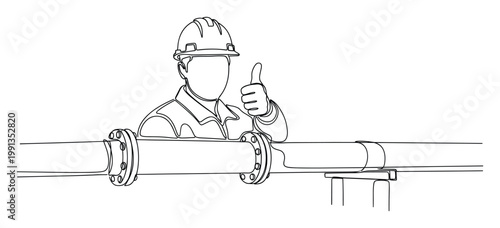 Dedicated engineer in safety hardhat showing thumbs up gesture around industrial pipelines portraying quality control and skilled labor.