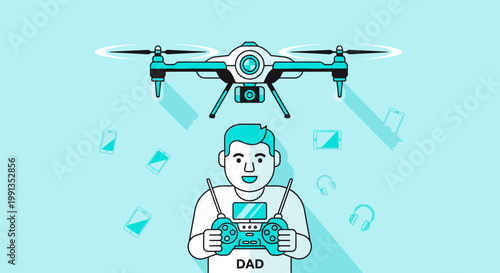 A man controlling a drone with a remote controller illustration.