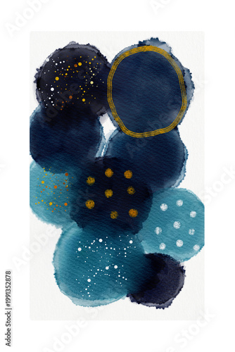Abstract Blue Watercolor Circles with Gold Accents, Navy and Teal Ink Blots, Minimal Elegant Background, Paper Texture.Minimalist poster.