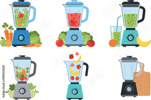 Kitchen blender with fruits and vegetables collection, smoothie and juice preparation appliances vector illustration set isolated