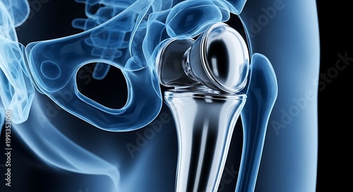 Medical illustration of a human hip joint replacement surgery with replacement prosthesis orthopedic skeleton clinical