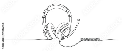 Continuous line drawing of wired headphones with a microphone, ideal for technology and communication concepts