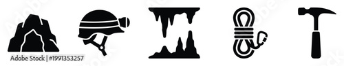 Collection of caving and speleology exploration equipment icons useful for adventure tourism and outdoor activity guides