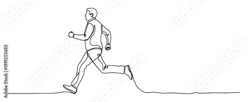 Minimalist continuous line drawing depicting a dynamic running man suitable for health fitness and athletic lifestyle branding materials