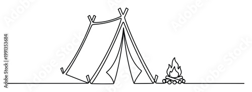 Single line drawing of a camp tent and campfire, useful for nature travel and outdoor exploration concepts