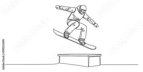 Dynamic snowboarder jumping over a box obstacle captured in a flowing continuous line drawing for winter sports promotion