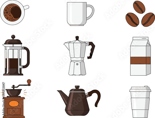 Coffee preparation vector illustration set including french press moka pot grinder beans cup kettle and takeaway mug isolated on light background for cafe design