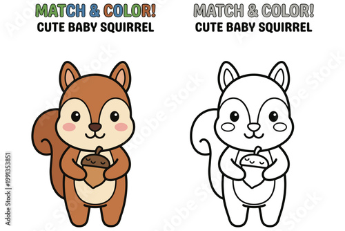 Cute baby squirrel with acorn match and color for kids.
