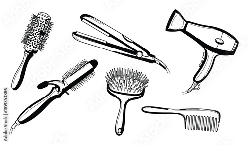 Essential hair styling tools collection in a handdrawn style perfect for salon branding or beauty content