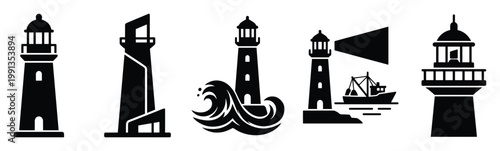 Collection of diverse lighthouse icons depicting coastal navigation and safety suitable for various marine graphic uses