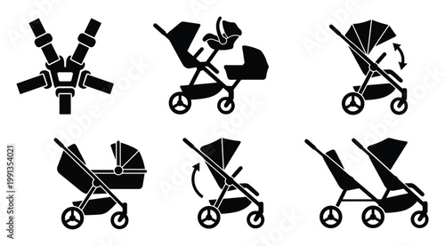 Practical vector icons illustrating baby stroller safety harness and adaptable configurations for product instructions