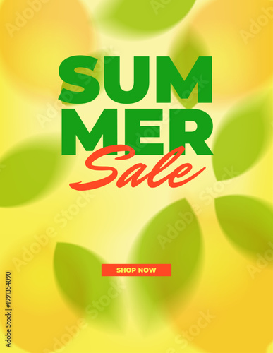Summer sale banner design. tropical leaves and citrus shapes background, bold typography with shop now button bright yellow green gradient, marketing template for social media, ecommerce promotion.