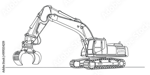 Modern outline drawing of heavy equipment excavator with hydraulic grapple used for industrial construction work