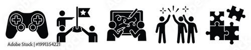 Gaming strategy and team success pictograms for business development collaboration and problemsolving achievement