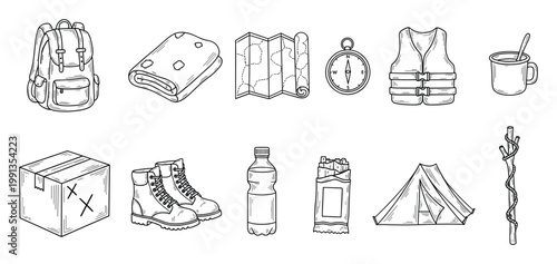 Essential outdoor adventure equipment and camping gear collection for travel, nature exploration, and journey planning projects