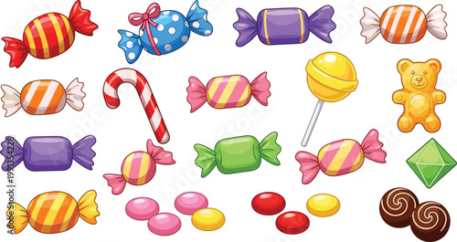 Colorful candy and sweets vector illustration set featuring wrapped candies lollipop gummy bear sugar drops and candy cane isolated on light background