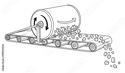Industrial machine feeding crushed rock onto moving conveyor belt for efficient material handling and processing