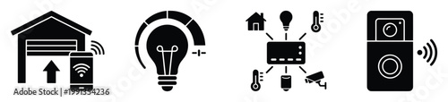 Smart home automation system icons for controlling various devices and securing residences with modern technology