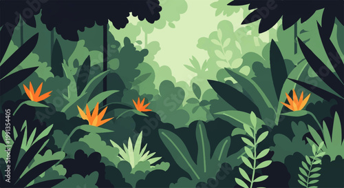 Billede på lærred Vibrant vector flat design illustration of a lush tropical jungle with exotic or