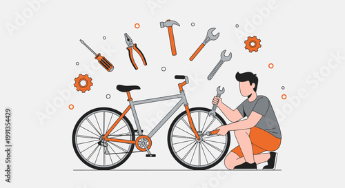 A man repairing a bicycle with various tools in a flat illustration style.