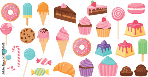 Colorful dessert vector illustration set featuring donuts cupcakes ice cream candy croissant cookies and sweet treats isolated on light background for bakery design