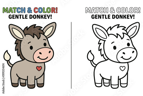 Gentle donkey coloring page for kids educational activity with cute farm animal illustration.