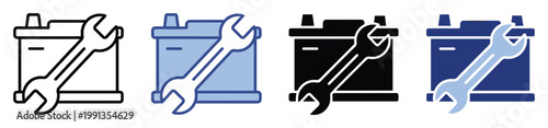 Battery and wrench icon for automotive repair service, vehicle maintenance applications, or workshop branding.