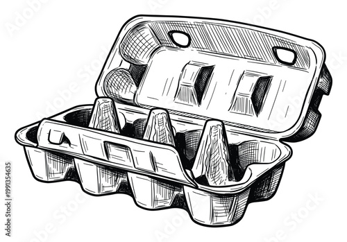 Hand drawn sketch of an open egg carton with a few eggs for recipe books or food packaging themes