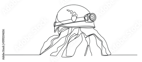 Continuous line drawing of an imaginative octopus wearing a protective helmet with a headlamp for adventure and exploration concepts