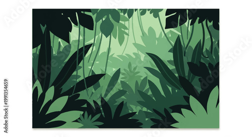 Vector flat design illustration of a lush green jungle canopy with hanging vines and dense foliage creating a serene