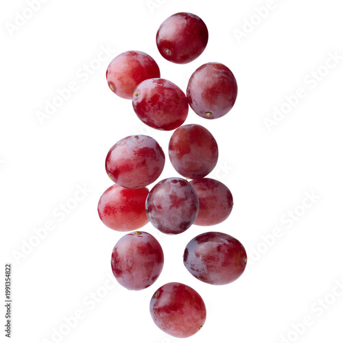 Fresh Red Grapes Isolated on White Background - Group of Ripe Dark Red Grapes Fruit falling and scattered for Healthy Food Design