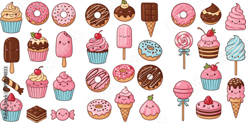 Cute dessert vector illustration set with cupcakes donuts ice cream candy chocolate treats and sweet pastries isolated on light background for bakery design
