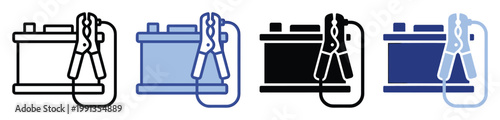 Automotive battery with jumper cables icon set for vehicle repair service and emergency power solutions applications