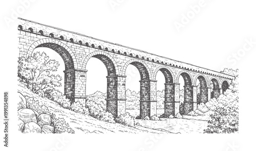 Ancient stone aqueduct with multiple arches crossing a river surrounded by trees and hills