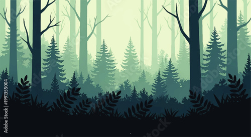 Misty forest landscape with evergreen trees and ferns in a vector flat design illustration style
