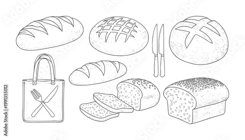 Assortment of hand drawn breads and bakery with cutlery loaf sliced baguette