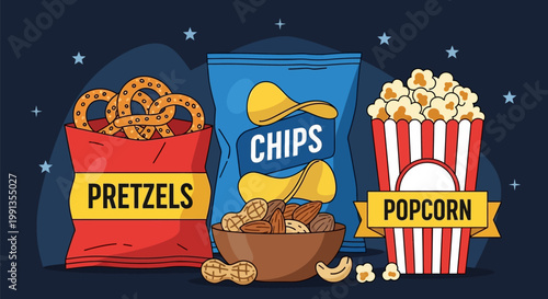 Illustration of various salty snack foods including pretzels chips and popcorn.