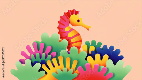 Colorful seahorse illustration among vibrant coral reef on pastel peach background, whimsical tropical ocean life art