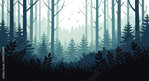 Konstfotografi Misty forest scene with tall trees and pine silhouettes in a vector flat design