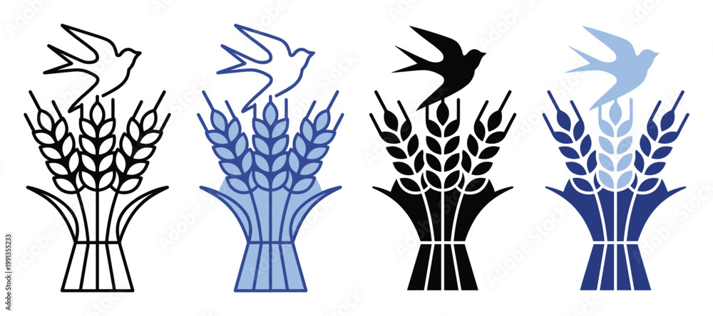 Fototapeta premium Wheat bundle and swallow bird symbol representing agriculture and nature for branding and graphic elements