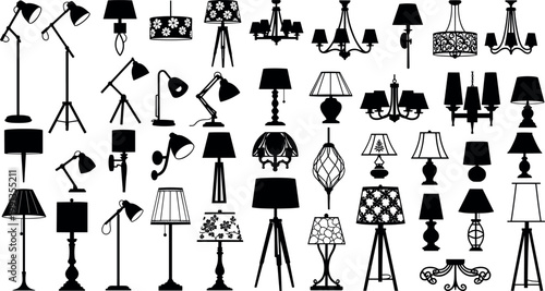 Large collection of lamp silhouettes including floor, table, wall, and ceiling lights in modern and classic vector set