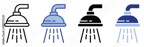 Shower head icon in outline and filled styles with flowing water, perfect for bathroom, hygiene, and plumbing app graphics.