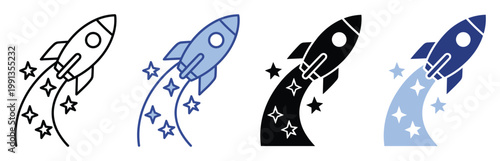 Rocket ship launching into space with star trail symbols for business growth and startup success icons