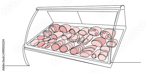 Supermarket refrigerated counter filled with an assortment of processed meats and charcuterie selections ideal for food brochures