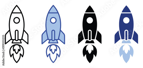 Dynamic rocket launch icons set for digital projects, symbolizing innovation, speed, and business growth success