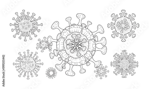 Black and white of multiple coronavirus particles microscopic science medical