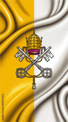 Vatican City Flag with Papal Tiara and Crossed Keys on Flowing Silk Fabric, Yellow and White Catholic Symbol Banner