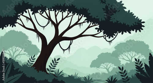 Vector flat design illustration of a lush jungle landscape with a large ancient tree and hanging vines in muted green