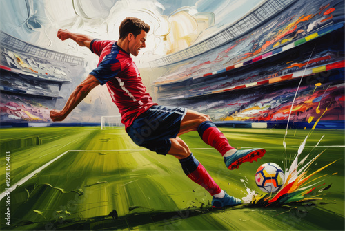 Dynamic soccer player kicking ball in packed stadium, colorful digital painting of football action, speed, energy and competition