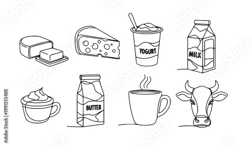 Minimalist Line Art Milk Products Icons Set with Cheese Butter Yogurt Coffee and Cow Head